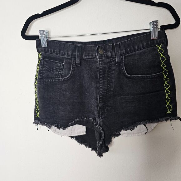 Vans Jesse Jo Black Distressed Raw Hem High Waist Short Lime-Green Side Stitch 9 - Picture 6 of 10